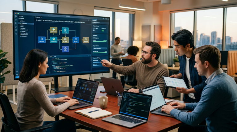 Four people review a workflow diagram on a large screen and laptops in an office.
