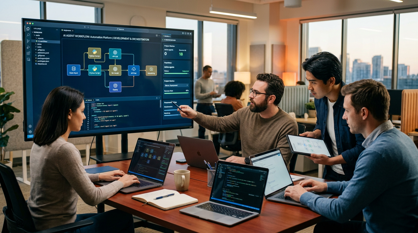 Four people review a workflow diagram on a large screen and laptops in an office.
