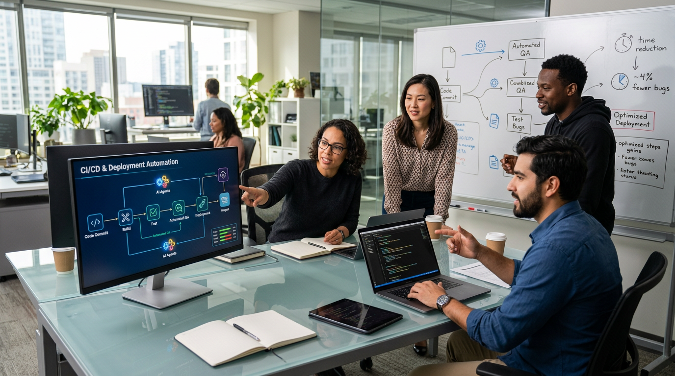 Four colleagues discuss a CI/CD automation diagram on a monitor in a glass-walled office.