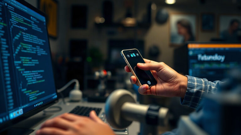 A person holding a smartphone in one hand while typing on a keyboard in front of a code-filled monitor.