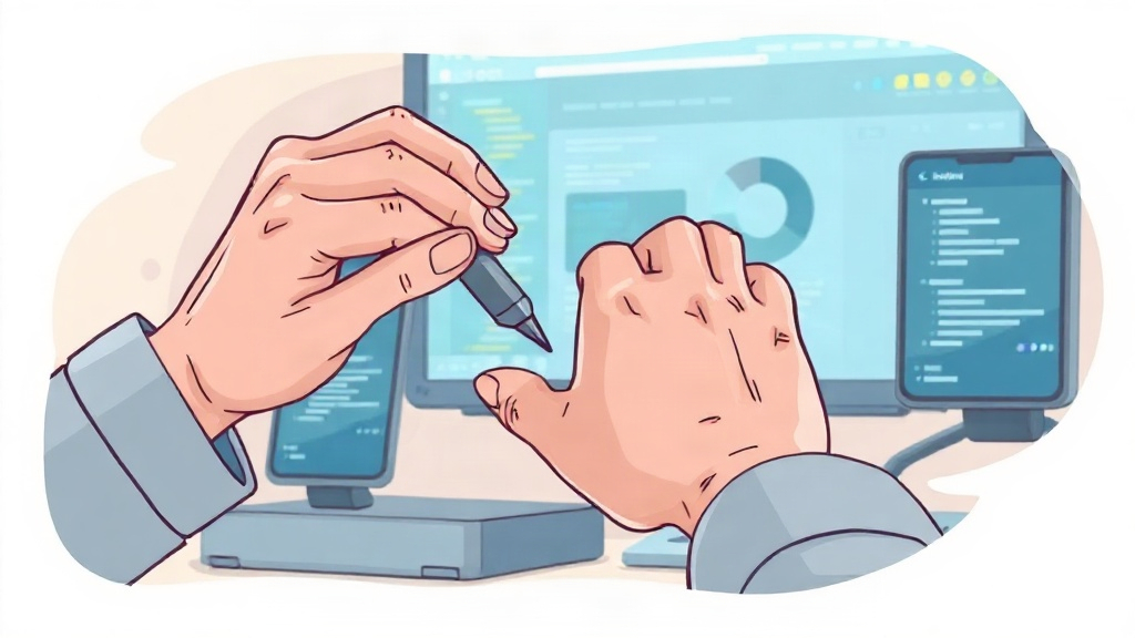 Two hands near screens showing code and charts.