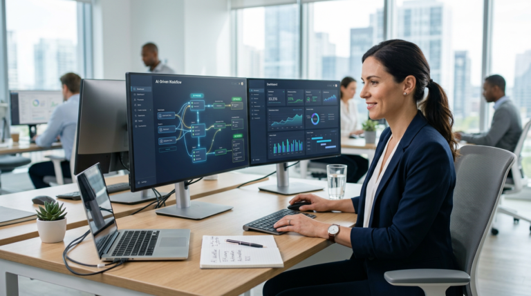Smiling woman at a desk with two monitors showing workflow diagrams in an open office.