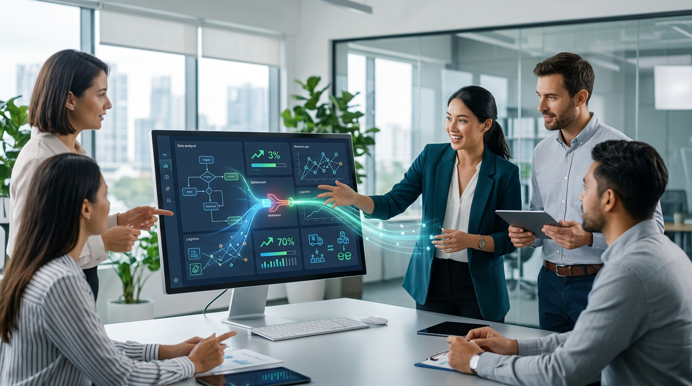 Five colleagues discuss a workflow dashboard on a large monitor in a bright office.