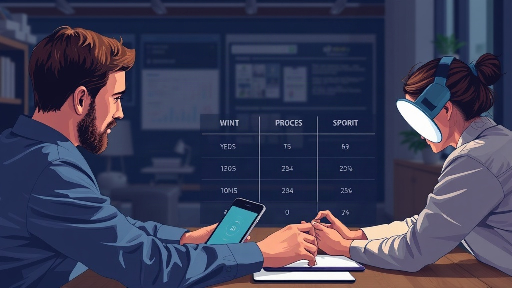 A man and a woman with a headset on look at a data table while holding a phone.