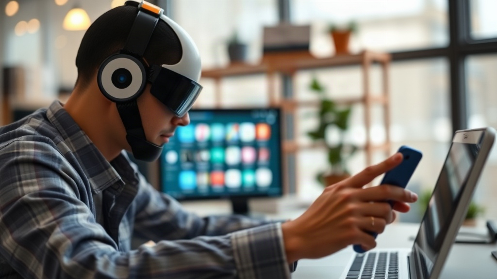 A man wearing a black headset uses a smartphone beside a laptop in an office.