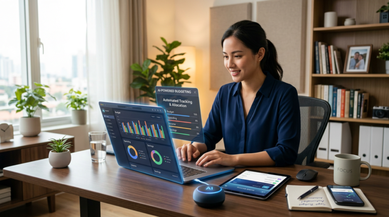 Smiling woman using a laptop with budgeting charts at a wooden desk with notebook and tablet.
