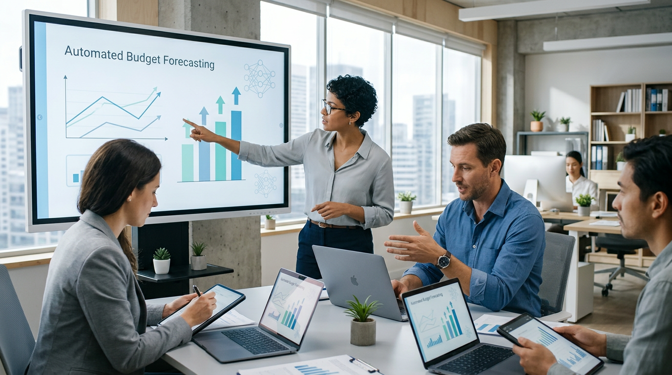A woman points at an automated budget forecasting chart as colleagues watch in a meeting room.
