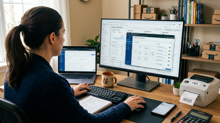 A woman uses a laptop and a large monitor displaying seller dashboards at a desk.