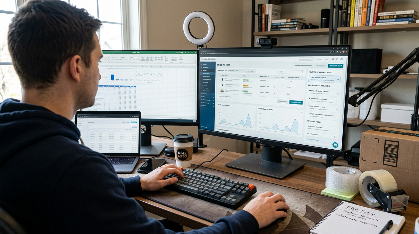 A man at a desk uses a keyboard while viewing shipping and inventory dashboards on three screens.