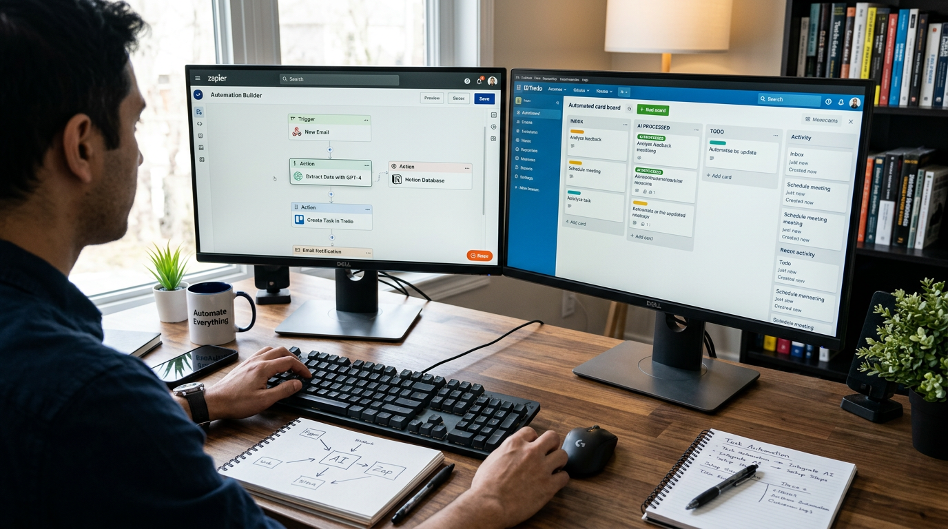 A man at a desk uses a keyboard while automation builder and kanban screens show on two monitors.