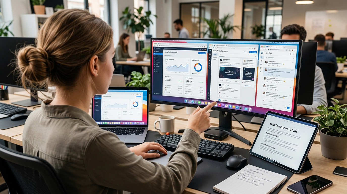A woman at a desk points at a monitor showing analytics and social media dashboards.