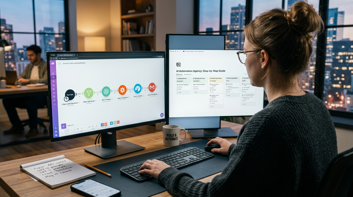 Woman at a desk with two monitors showing a workflow diagram and an AI agency guide, city view behind.