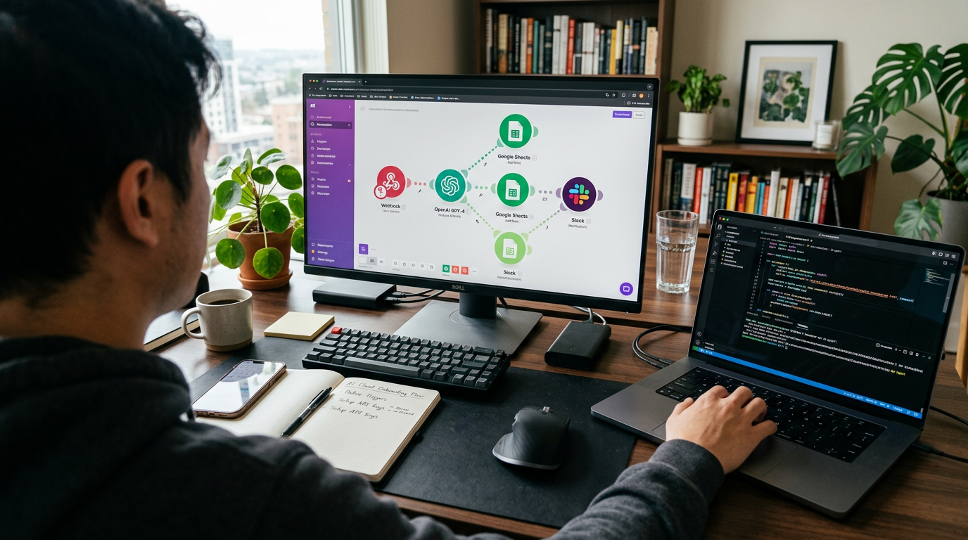 A person at a desk uses a monitor showing a flowchart and a laptop showing code.
