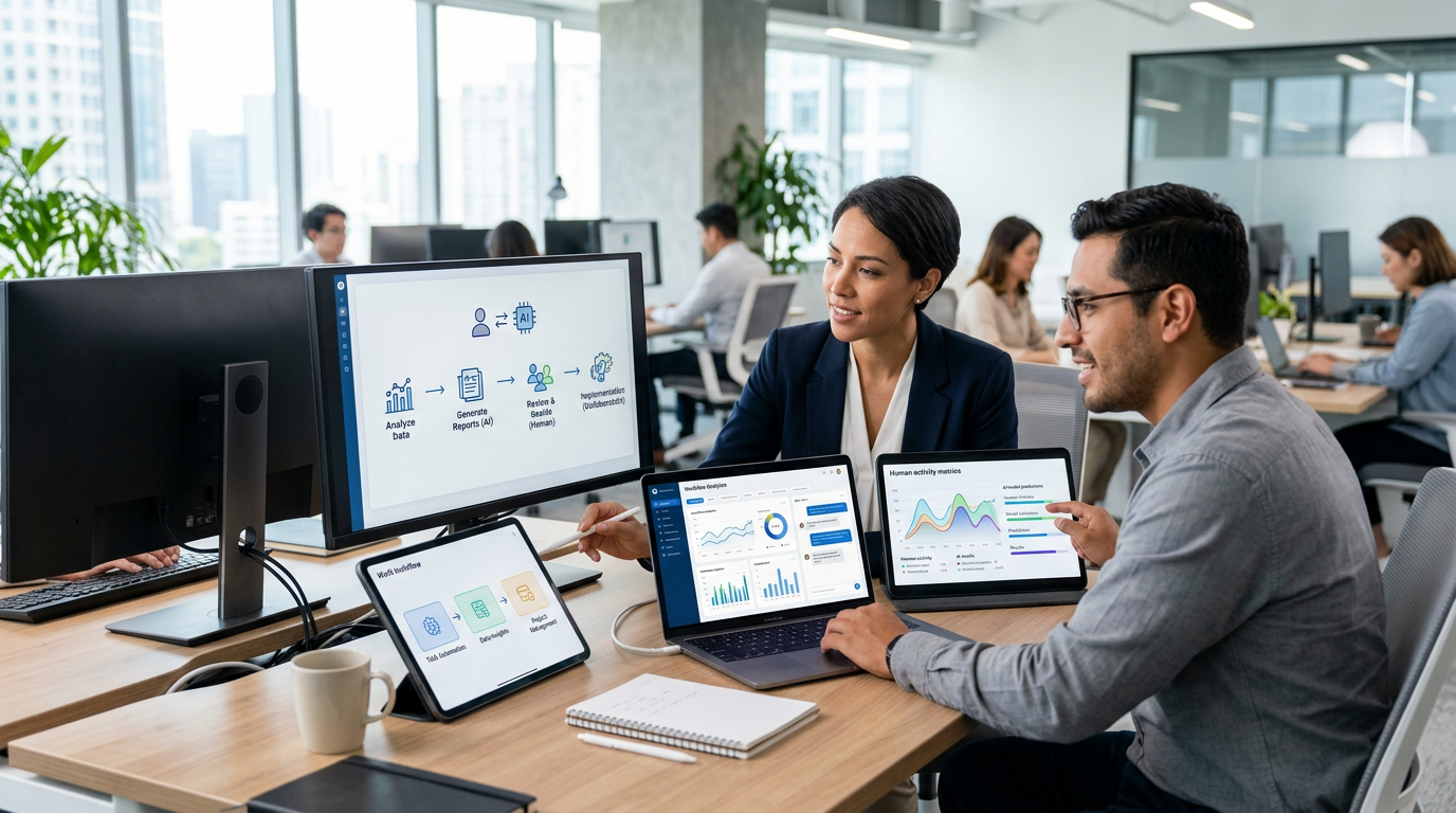 Two colleagues review workflow diagrams with AI steps on screens in an open office.