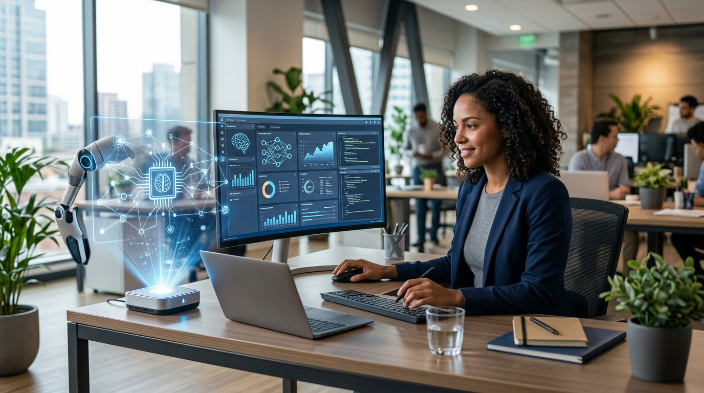 A woman at a desk with data on a monitor and a glowing AI network graphic beside her.