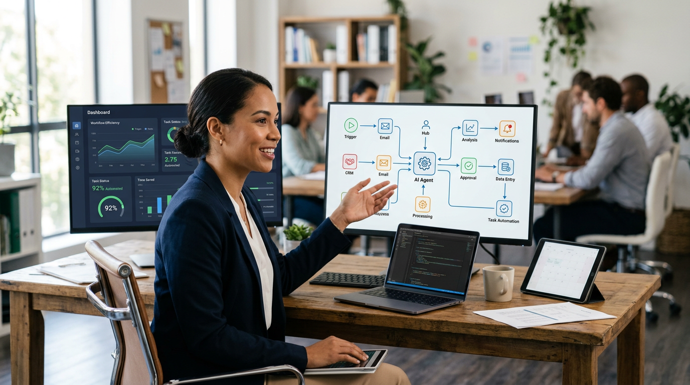 A smiling woman gestures at a monitor showing an automated workflow diagram in an office.