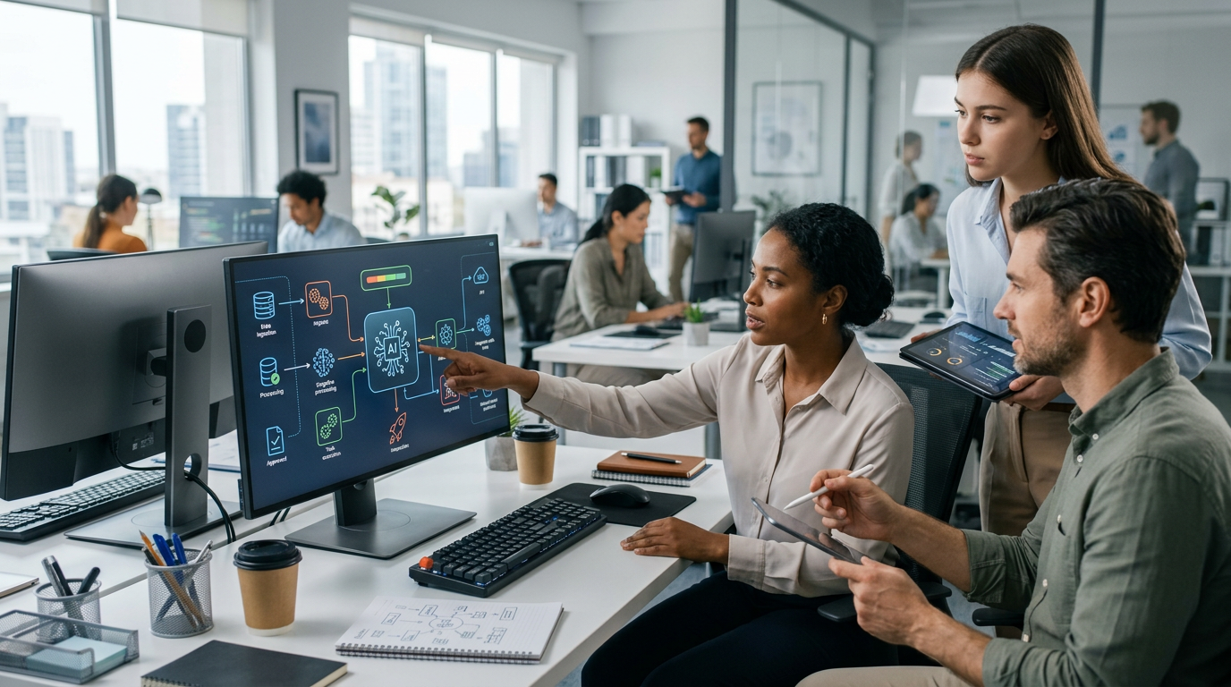Three coworkers review a workflow diagram on a monitor in a bright open-plan office.