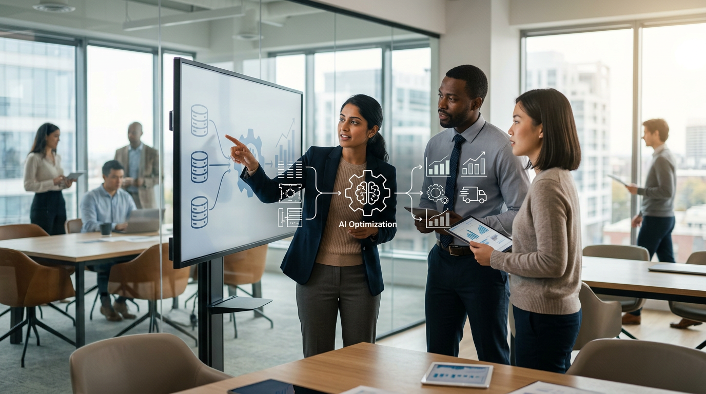 A woman points at a workflow diagram on a screen while two colleagues watch.